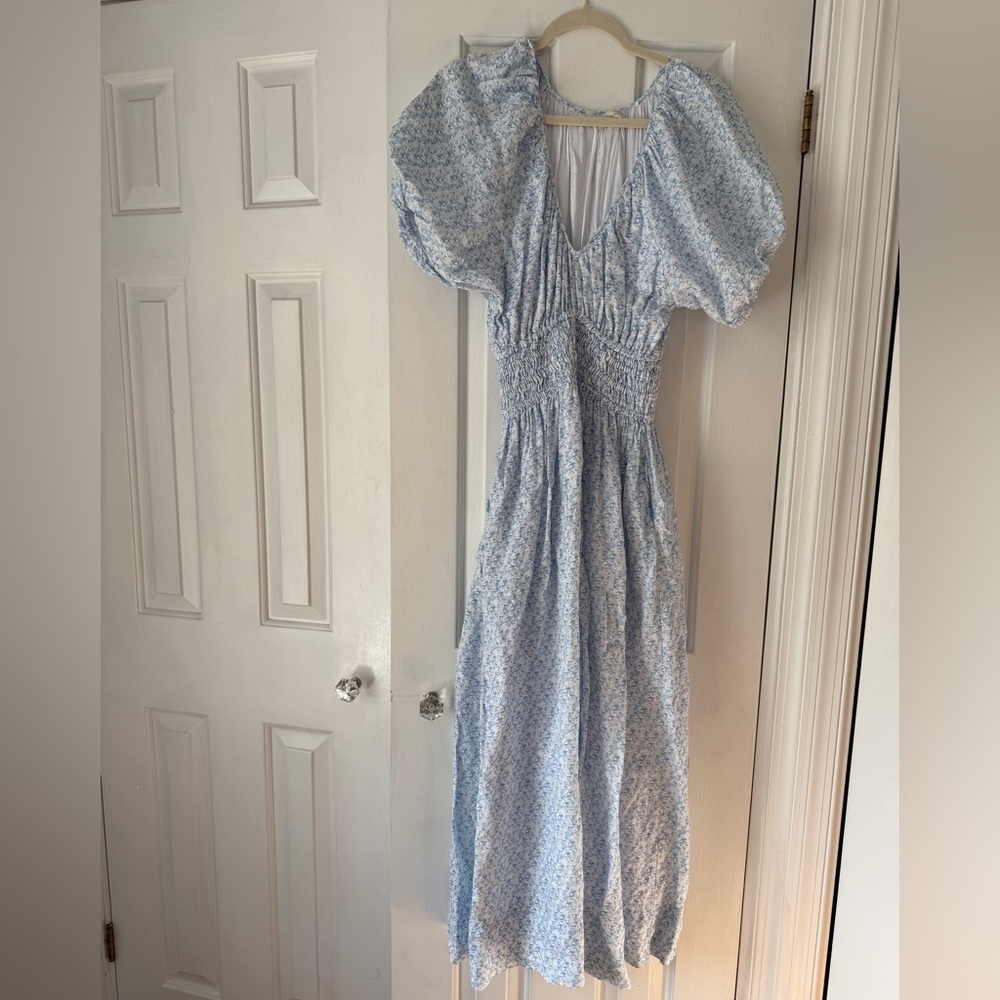Faithfull the Brand Geriba Linen Dress in Light Blue Floral Print